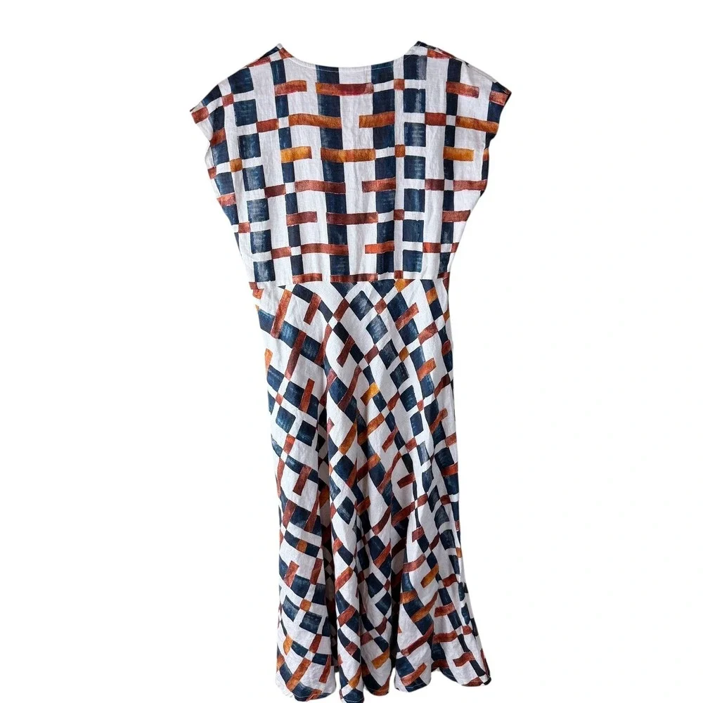 FOIL Linen Midi Dress Womens 6 Abstract Geometric Brushstroke‎ V-Neck Pockets
